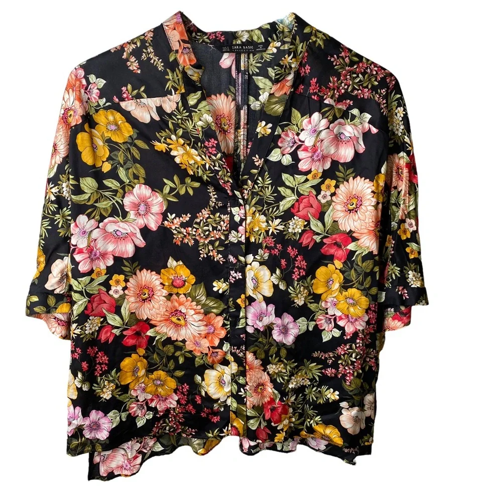 Zara Basic Collection Floral Oriental Silky Button Down Popover Blouse Small - Picture 3 of 8